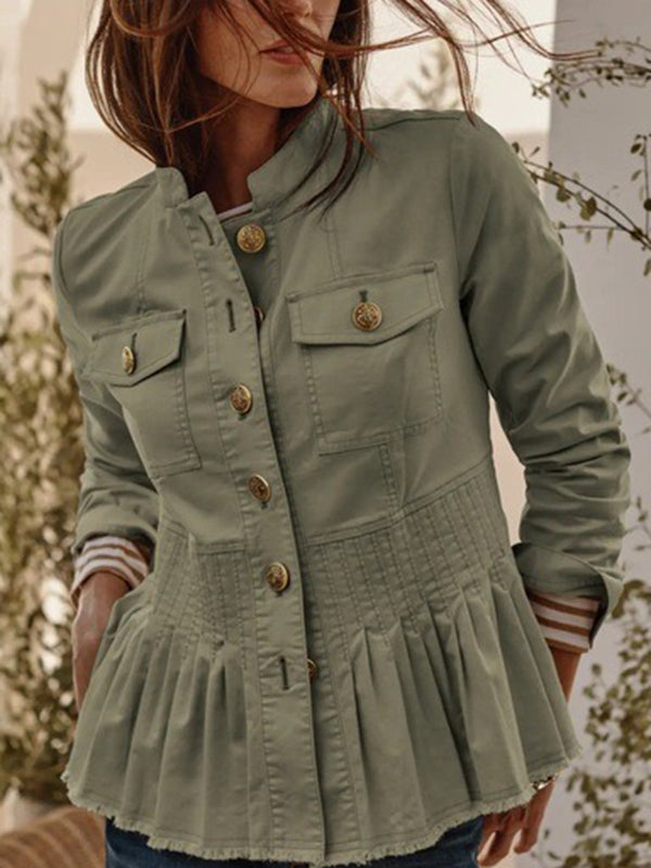 Stand-Collar Pleated Button-Detail Long-Sleeve Jacket