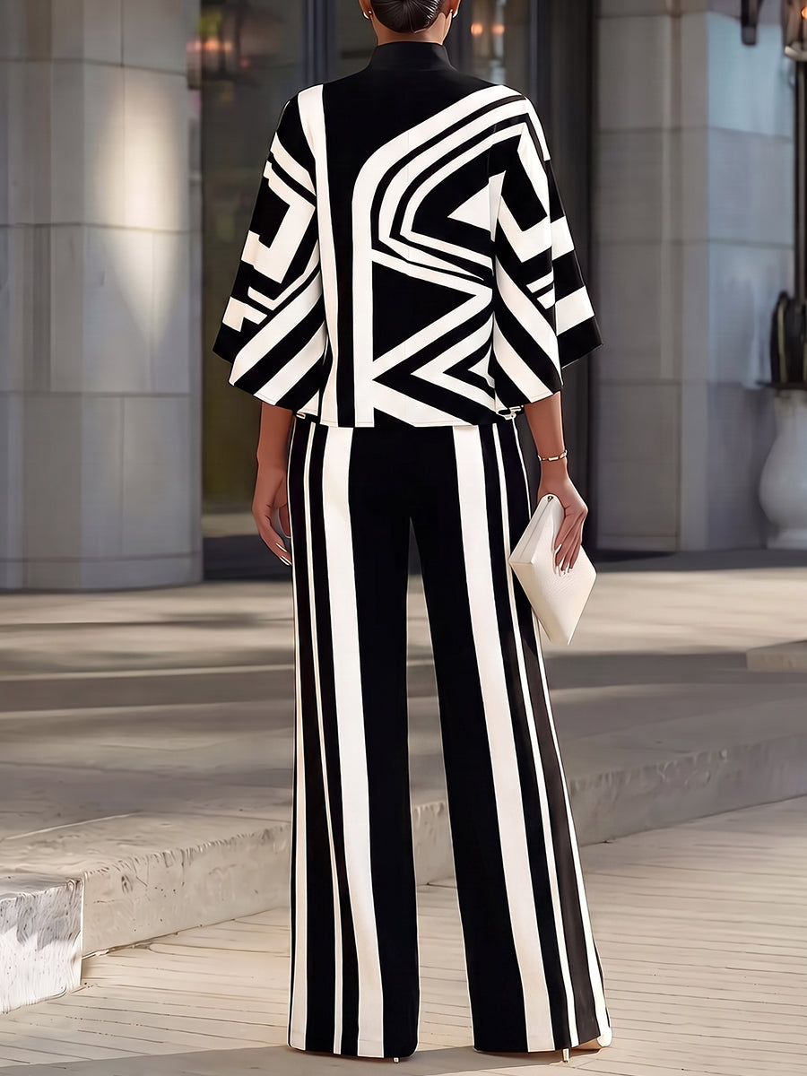 Striped Wide-Leg High-Waist Contrast Pants