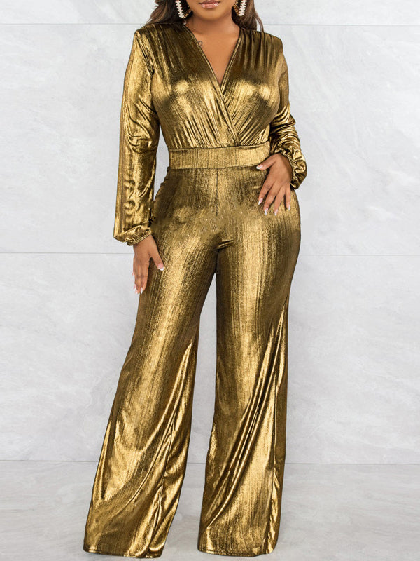 High-Waist V-Neck Elastic Jumpsuit