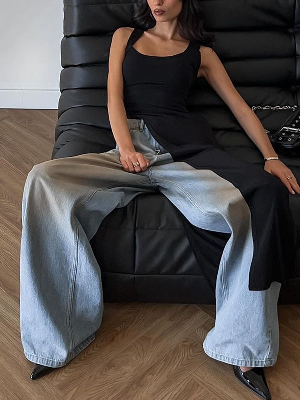 Square-Neck Asymmetric Side-Split Sleeveless Tank Top