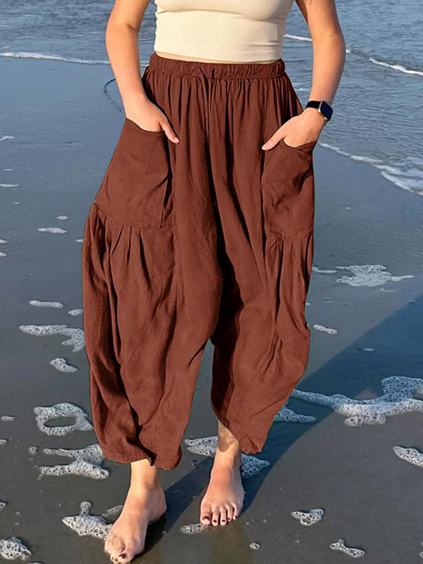 High-Waist Pleated Drawstring Pocket Pants