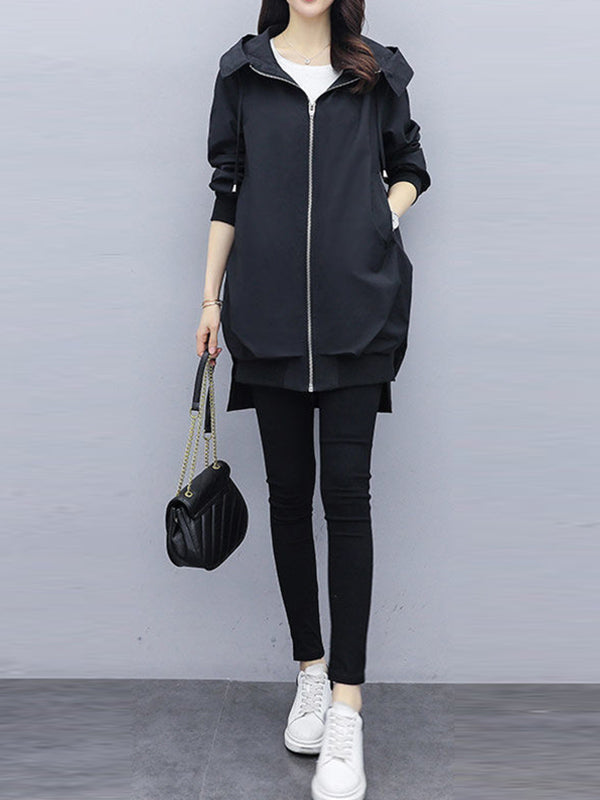 Hooded Pleated Zip Long-Sleeve Jacket