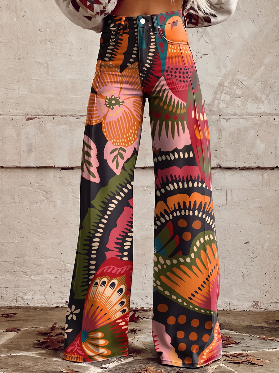 Printed Wide-Leg Plus Size Button-Detail Pants