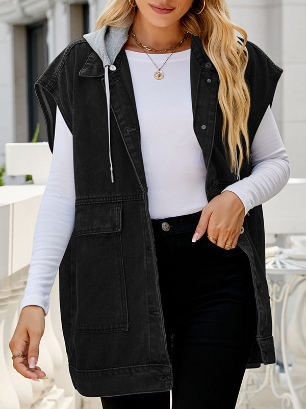 Hooded Button-Detail Pocket Sleeveless Vest