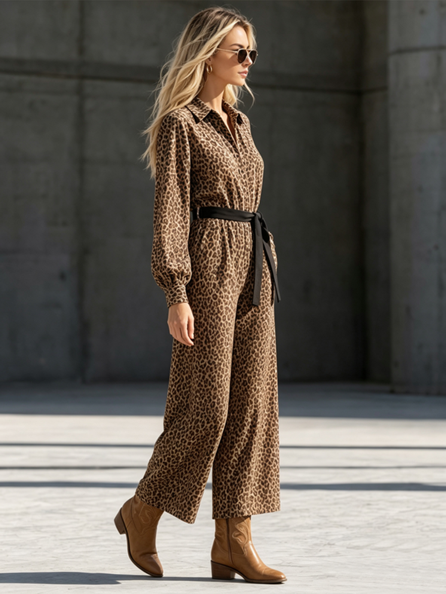 Leopard Print Wide-Leg Button-Detail Pocket Jumpsuit