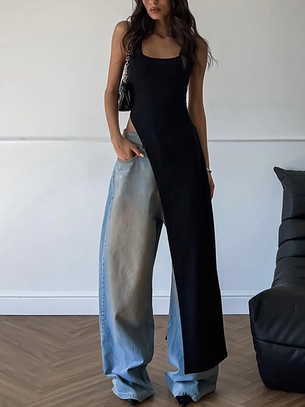 Square-Neck Asymmetric Side-Split Sleeveless Tank Top