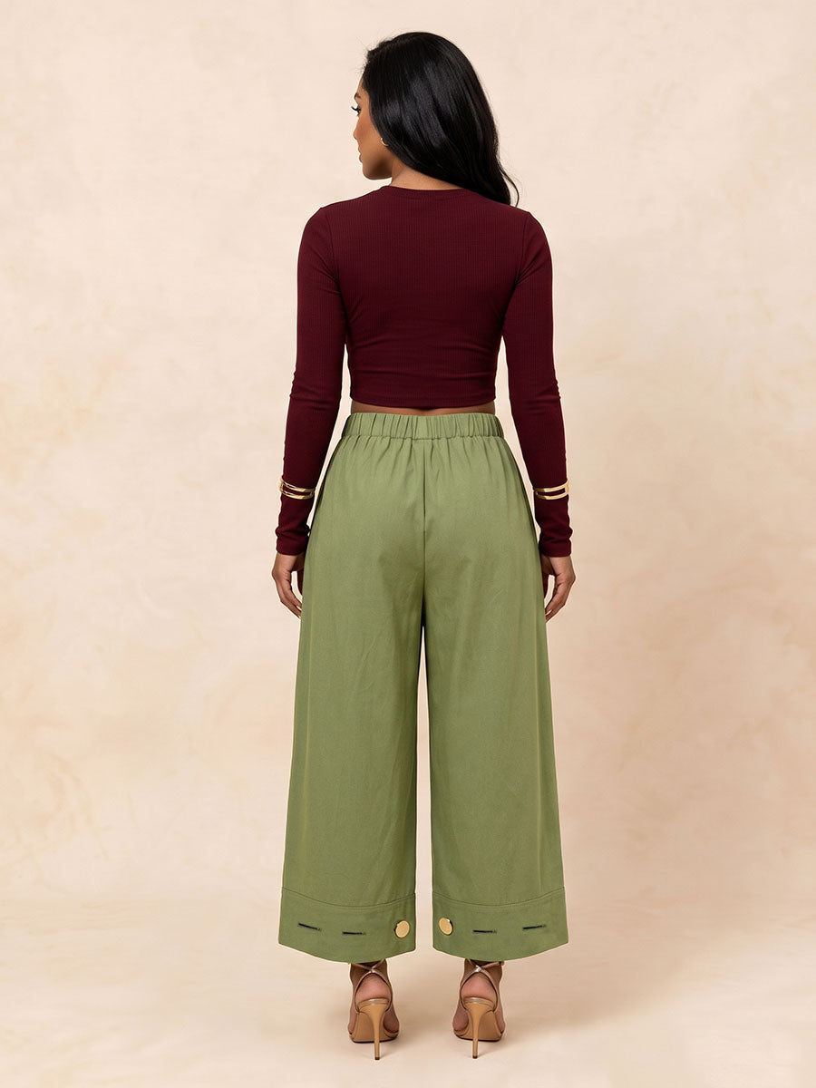 Wide-Leg Pleated Button-Detail Pocket Pants