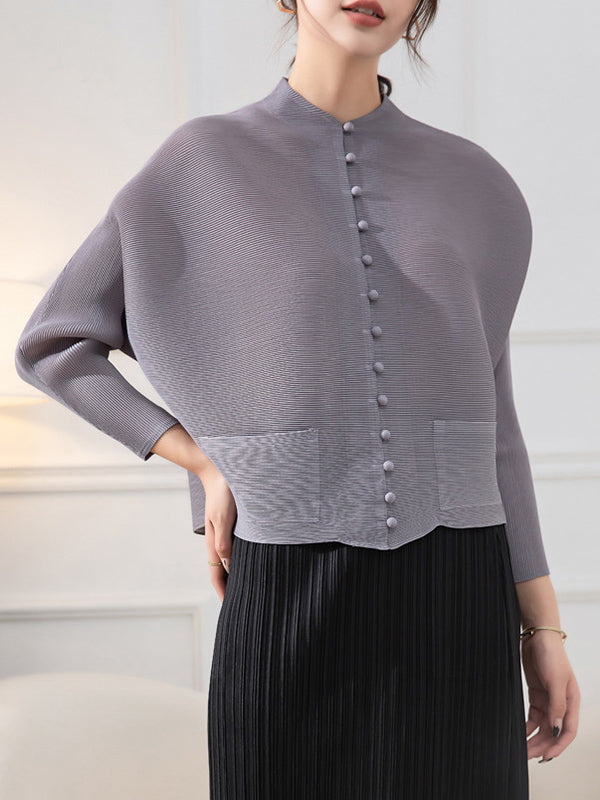 Round-Neck Pleated Button-Detail Pocket Jacket