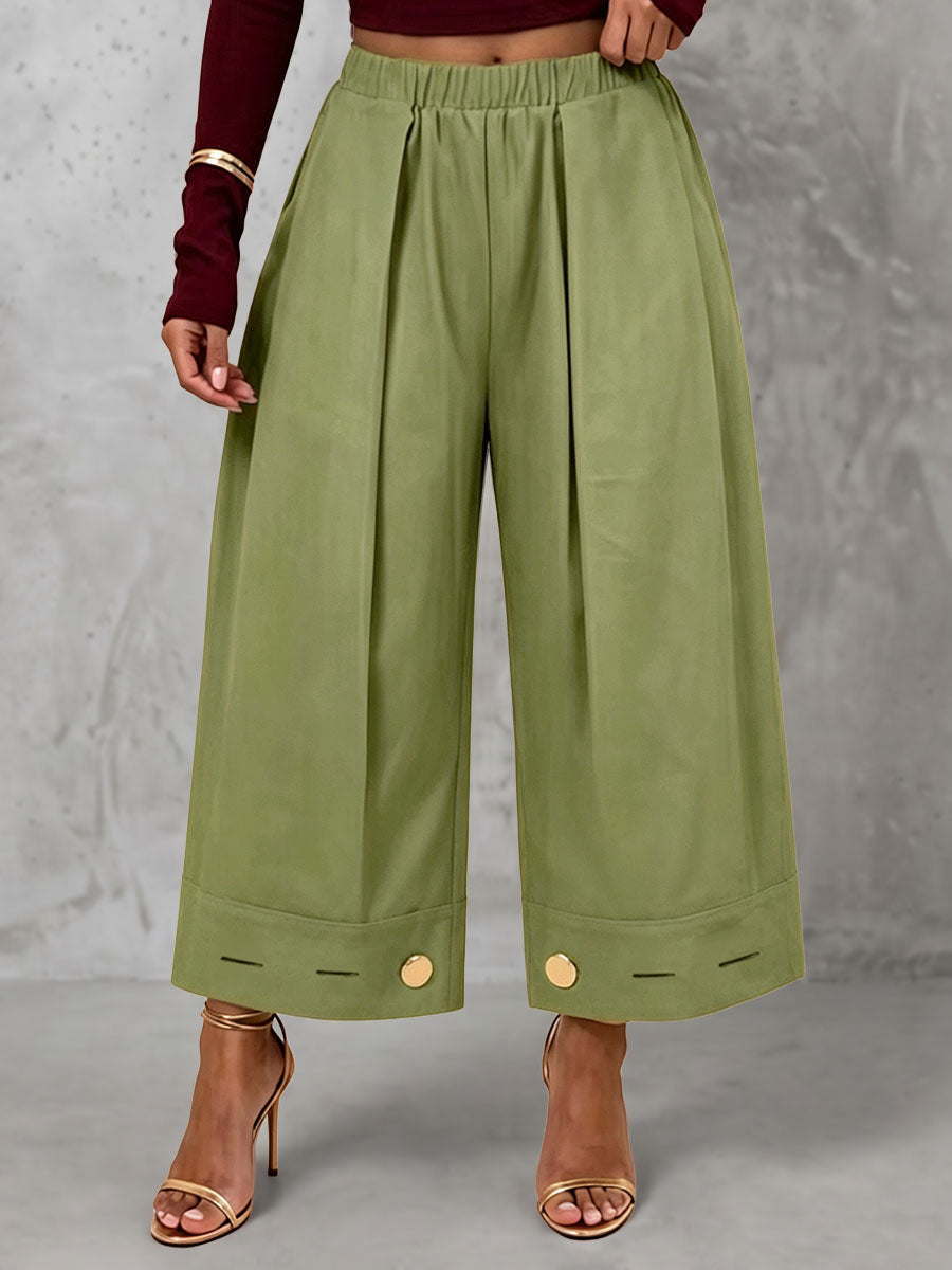 Wide-Leg Pleated Button-Detail Pocket Pants