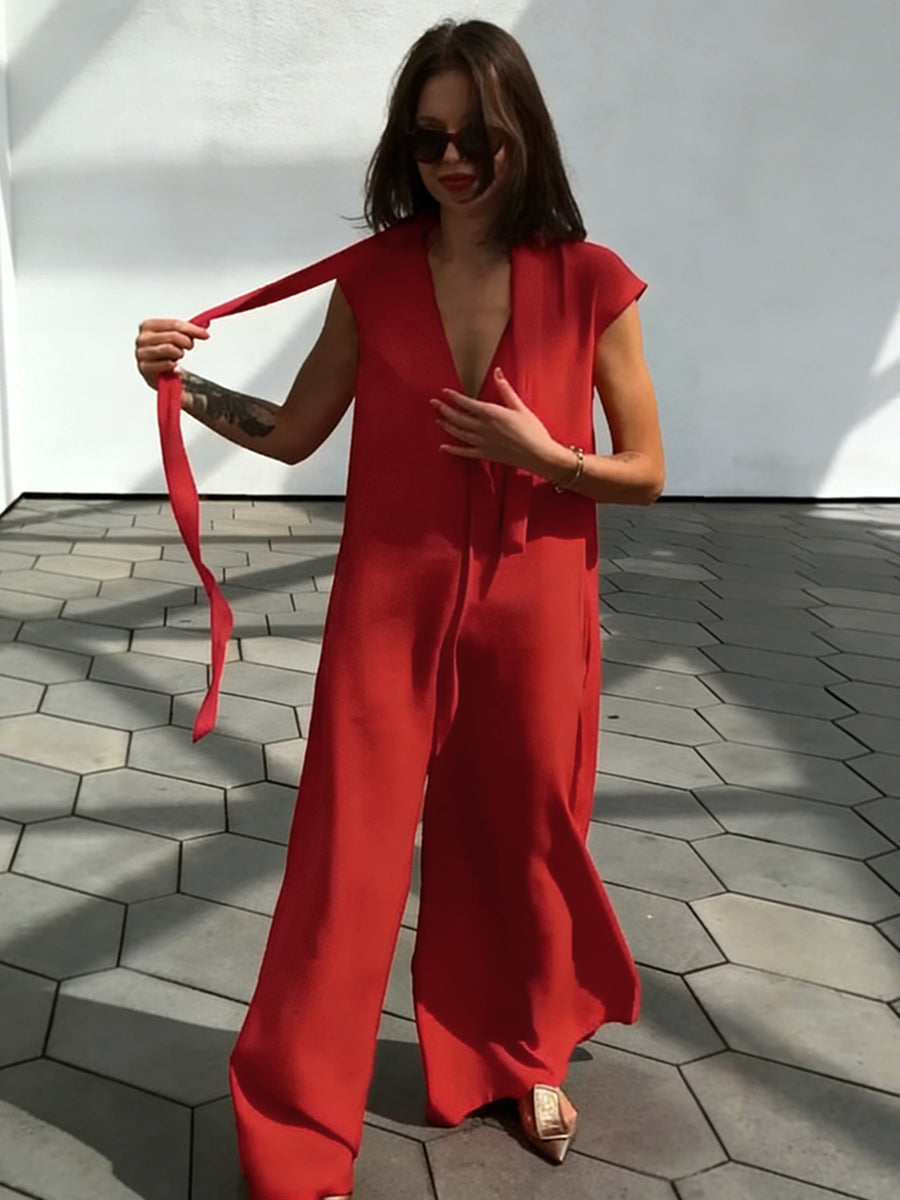Wide-Leg V-Neck Pocket Relaxed Jumpsuit
