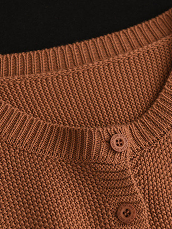 Round-Neck Button-Detail Long-Sleeve Relaxed Cardigan