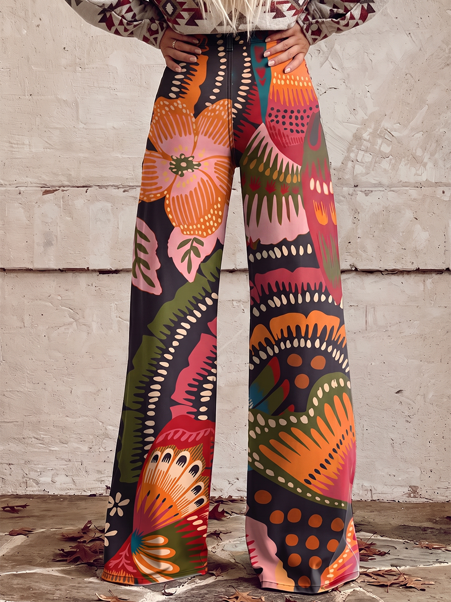 Printed Wide-Leg Plus Size Button-Detail Pants