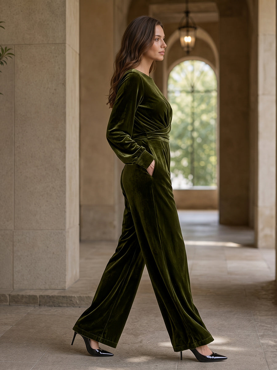 Velvet High-Waist Pocket Long-Sleeve Jumpsuit