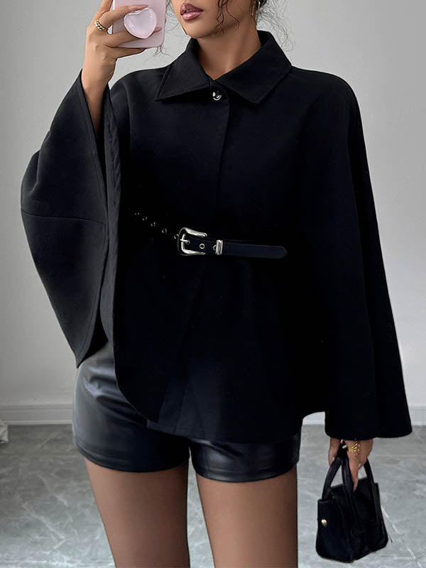 Button-Detail Belted Batwing Long-Sleeve Belt