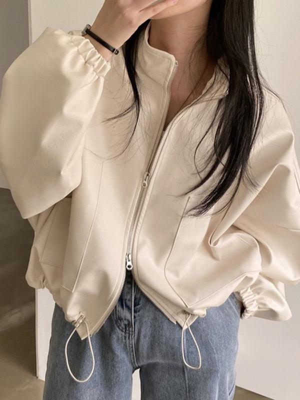 Stand-Collar Drawstring Zip Long-Sleeve Jacket
