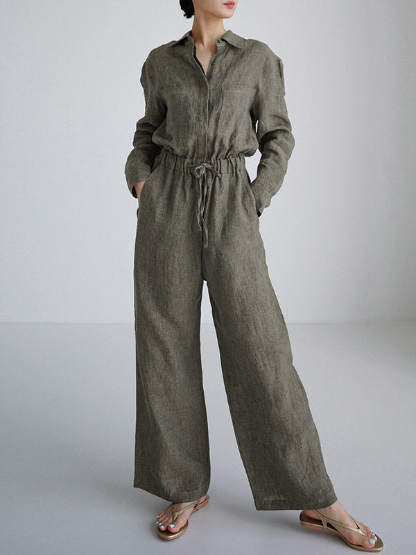 Linen Wide-Leg Drawstring Long-Sleeve Jumpsuit