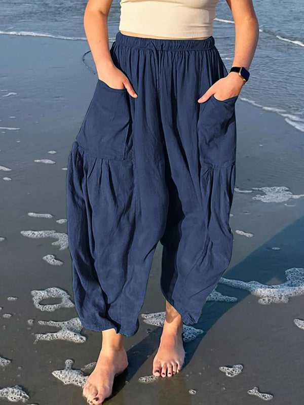 High-Waist Pleated Drawstring Pocket Pants