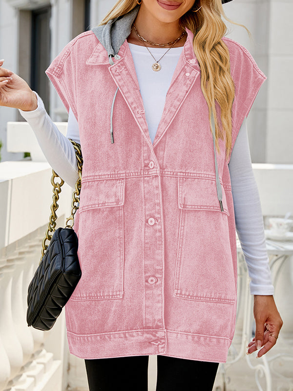Hooded Button-Detail Pocket Sleeveless Vest