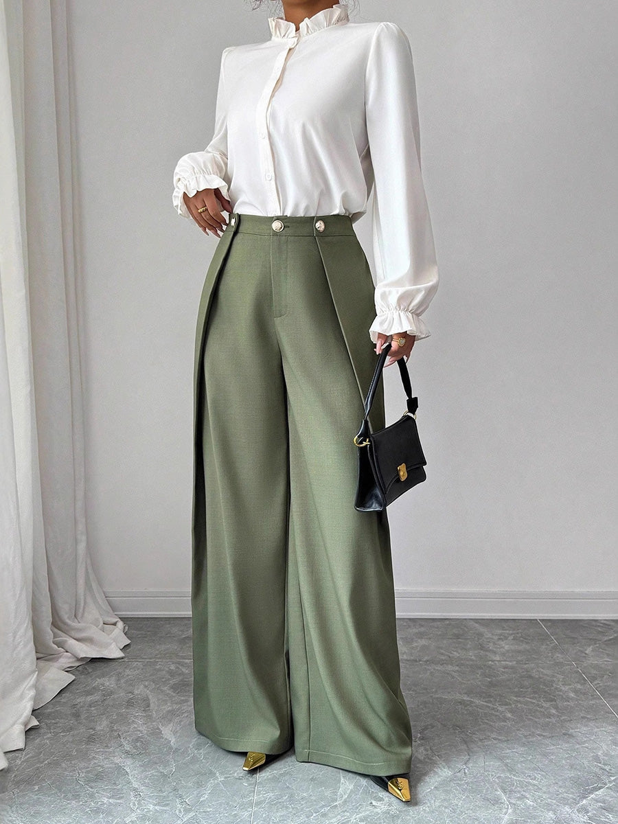 Wide-Leg High-Waist Button-Detail Pants