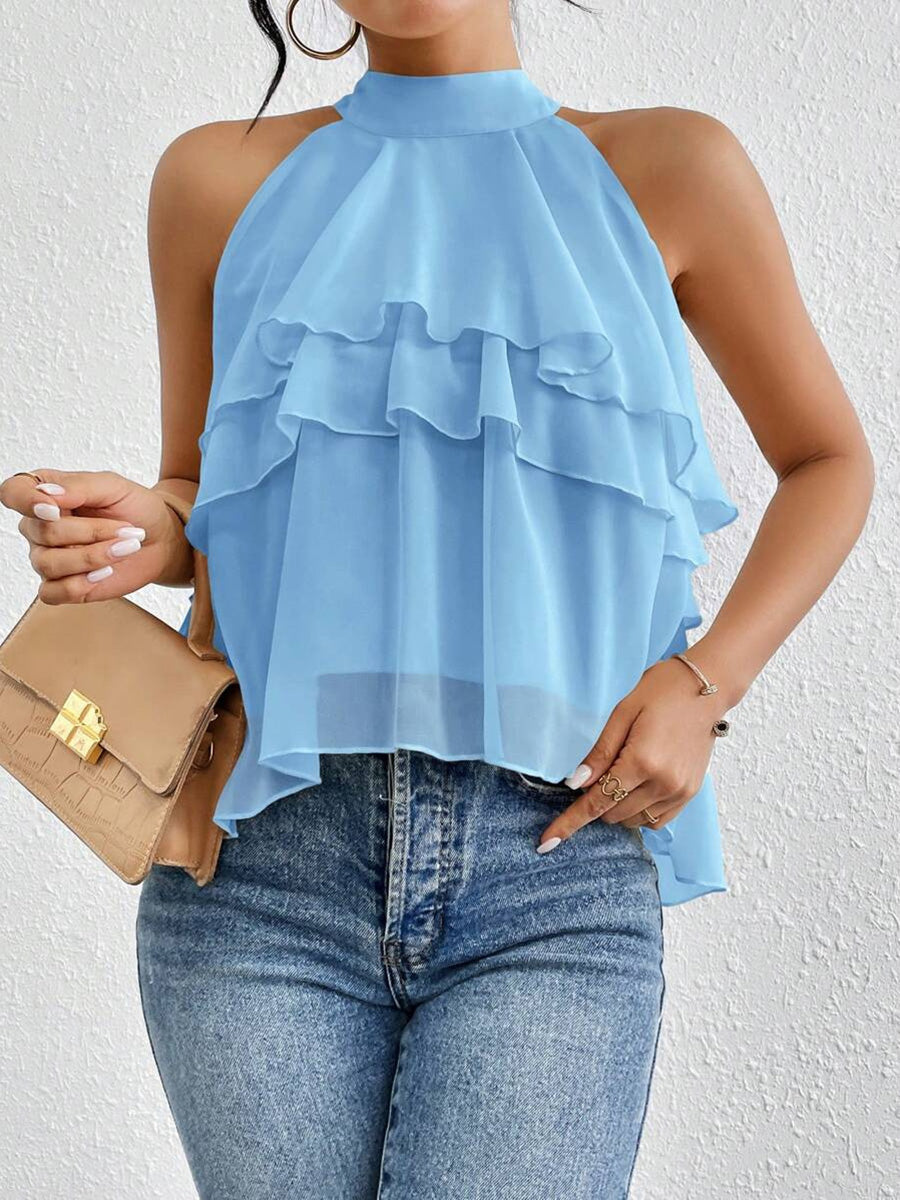 Halter-Neck Ruffle Sleeveless Cut-Out Tank Top