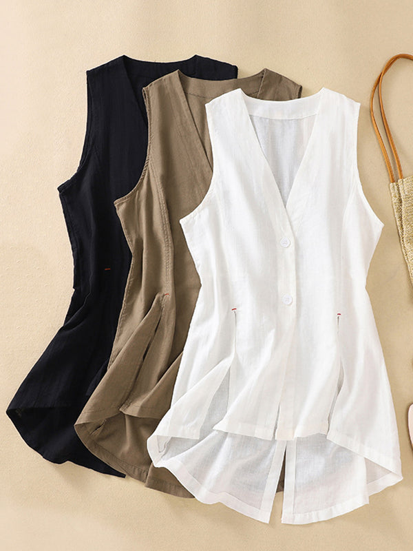 V-Neck Button-Detail Sleeveless Relaxed Vest