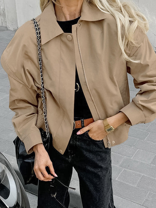 Button-Detail Zip Long-Sleeve Elastic Jacket
