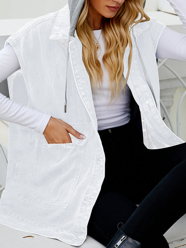 Hooded Button-Detail Pocket Sleeveless Vest