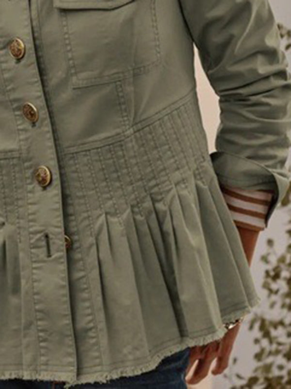 Stand-Collar Pleated Button-Detail Long-Sleeve Jacket