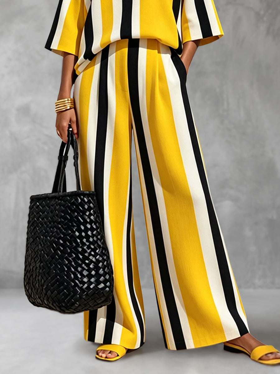 Striped Wide-Leg Pocket Elastic Pants