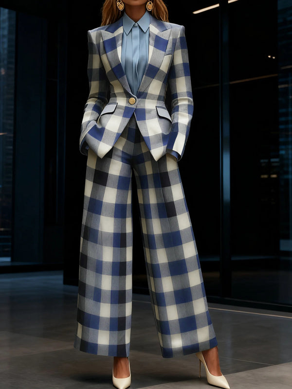 Checked Notch-Collar Button-Detail Pocket Blazer