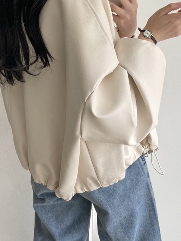 Stand-Collar Drawstring Zip Long-Sleeve Jacket