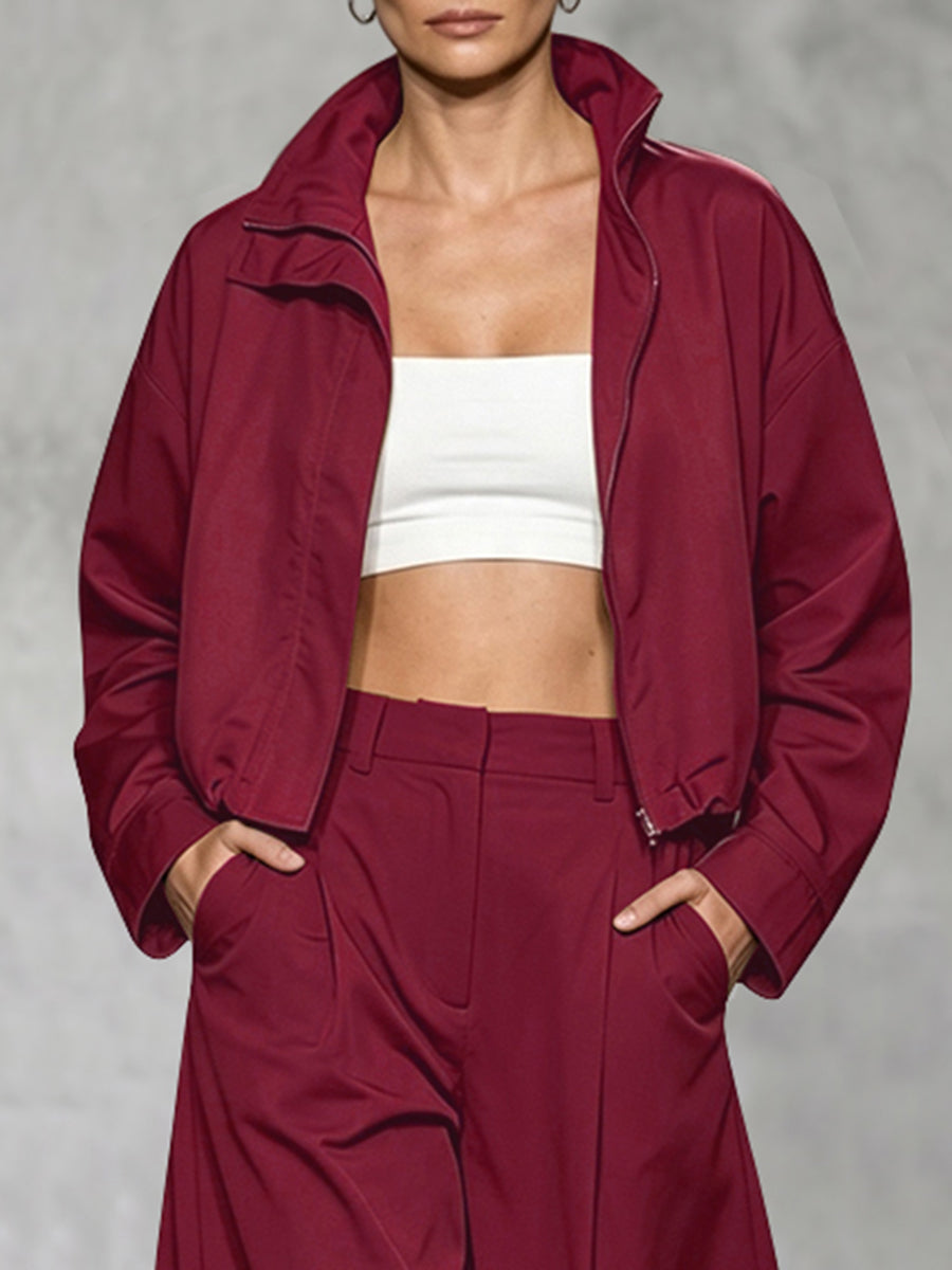Stand-Collar Zip Long-Sleeve Relaxed Jacket