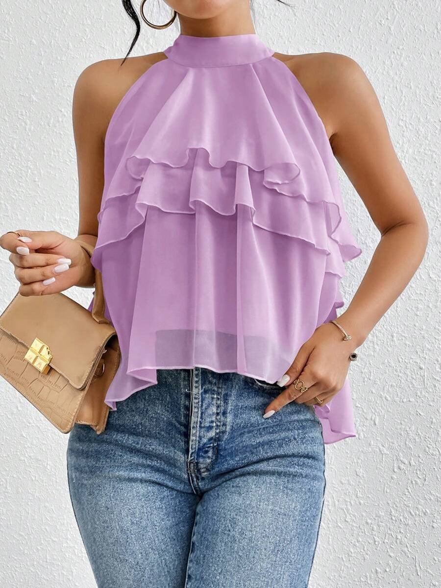 Halter-Neck Ruffle Sleeveless Cut-Out Tank Top