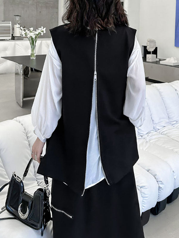 Round-Neck Asymmetric Zip Sleeveless Vest