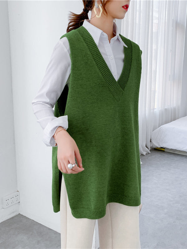 Knit V-Neck Side-Split Sleeveless Vest