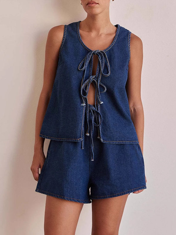 Lace Round-Neck Sleeveless Relaxed Vest