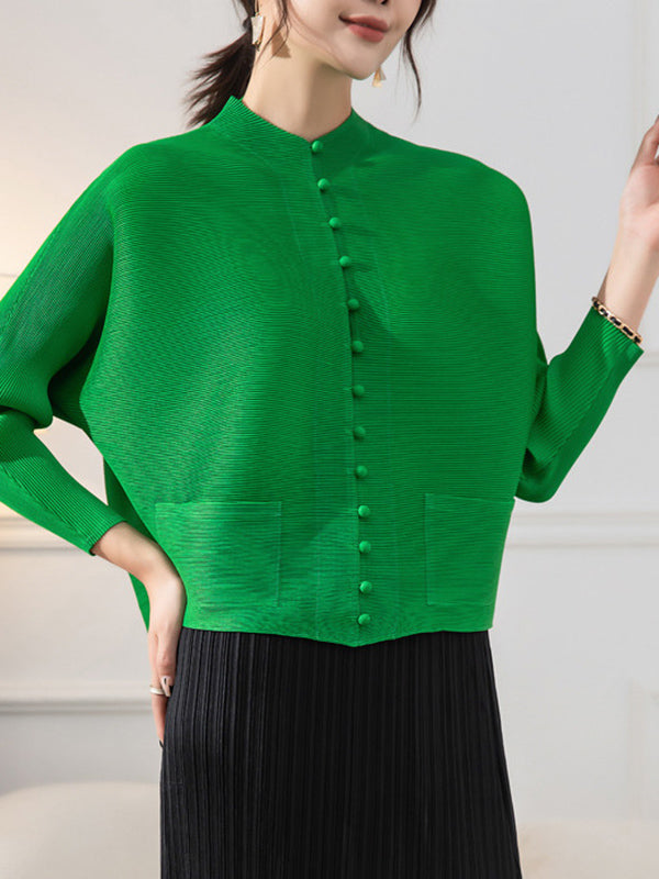 Round-Neck Pleated Button-Detail Pocket Jacket