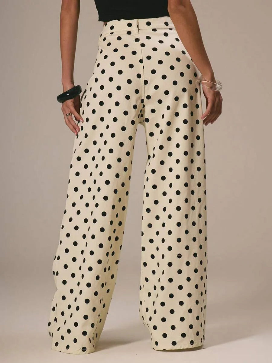 Polka Dot Wide-Leg High-Waist Button-Detail Belt