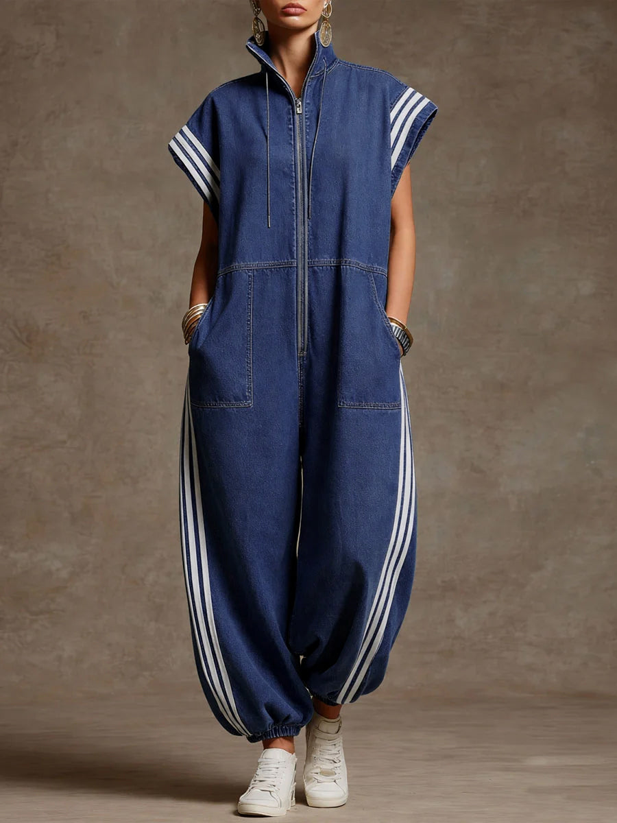 Striped Stand-Collar Zip Pocket Jumpsuit