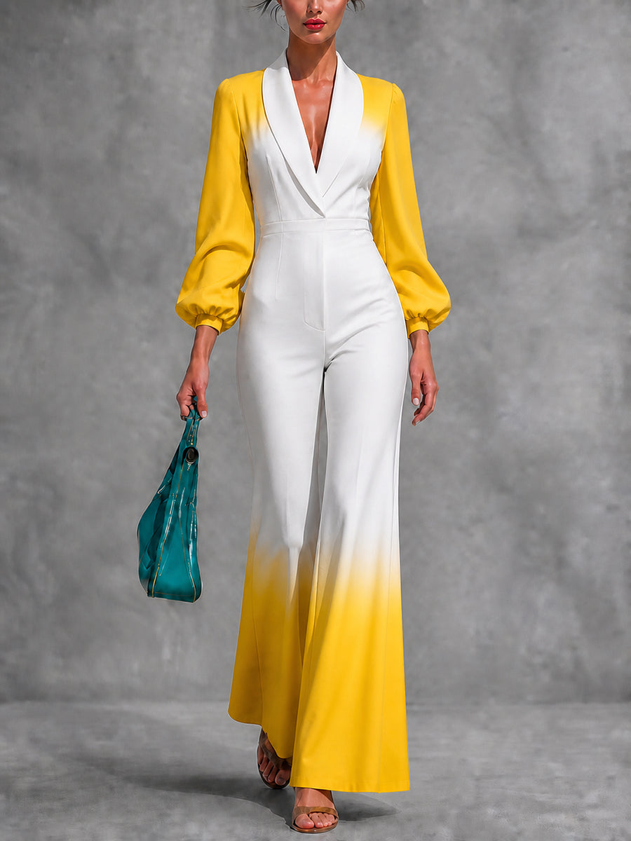 Gradient V-Neck Pleated Zip Jumpsuit
