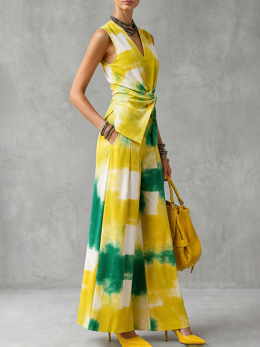 Printed Wide-Leg High-Waist Pleated Pants