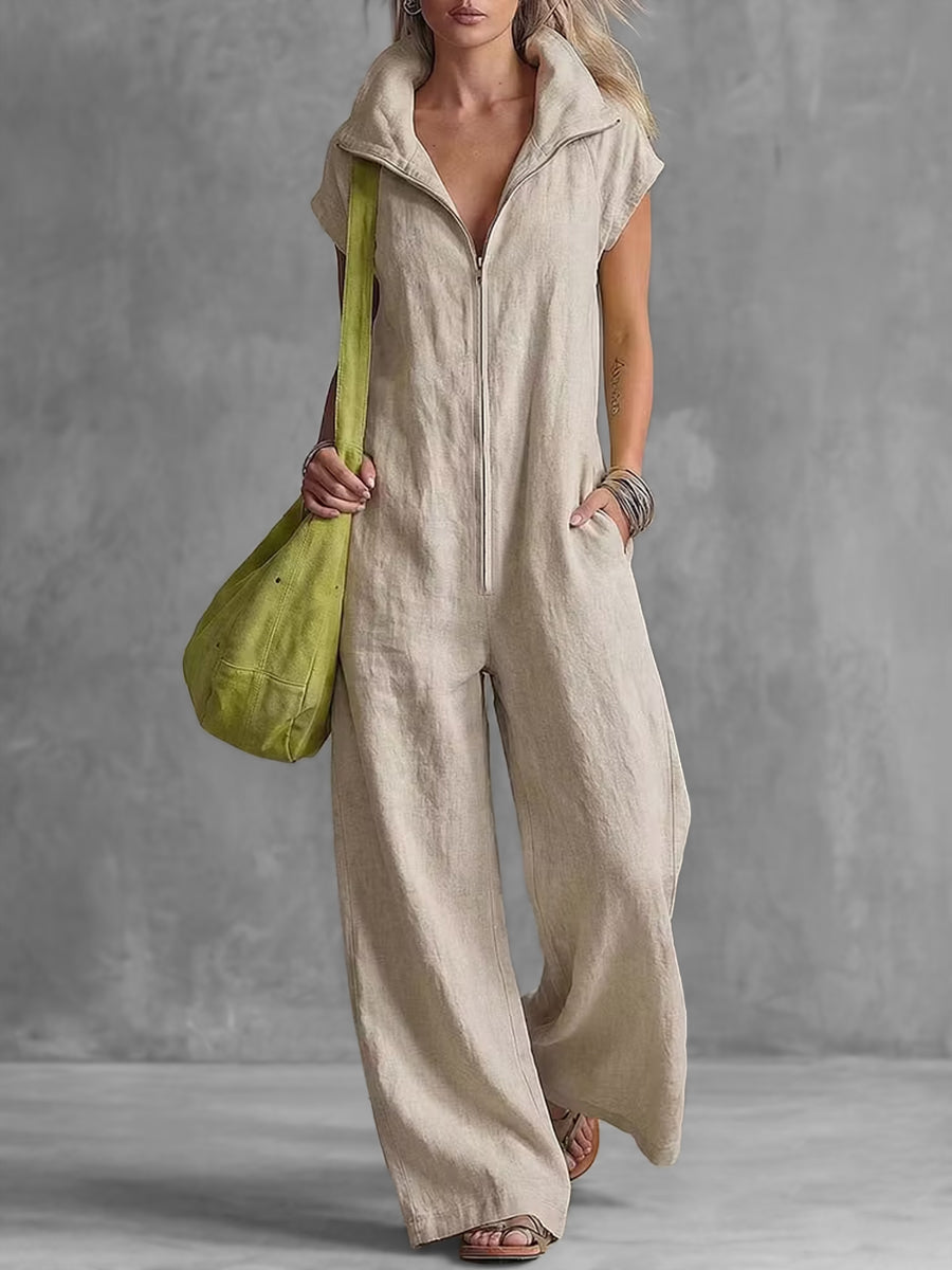 Wide-Leg Stand-Collar Zip Pocket Jumpsuit