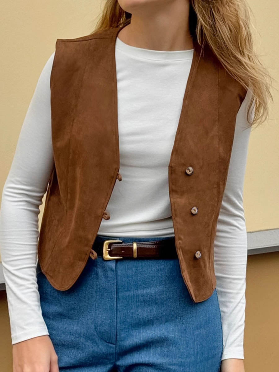 V-Neck Button-Detail Sleeveless Relaxed Vest