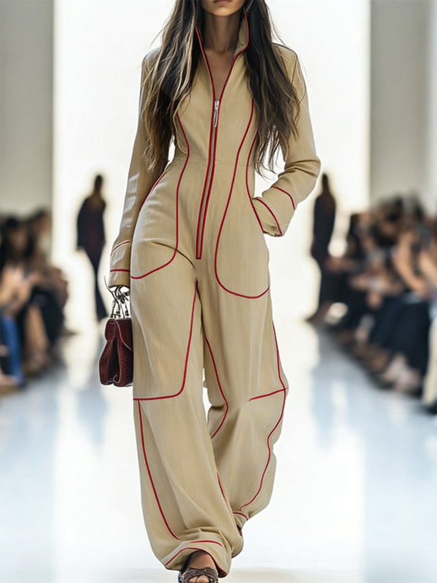 Wide-Leg Stand-Collar Zip Long-Sleeve Jumpsuit