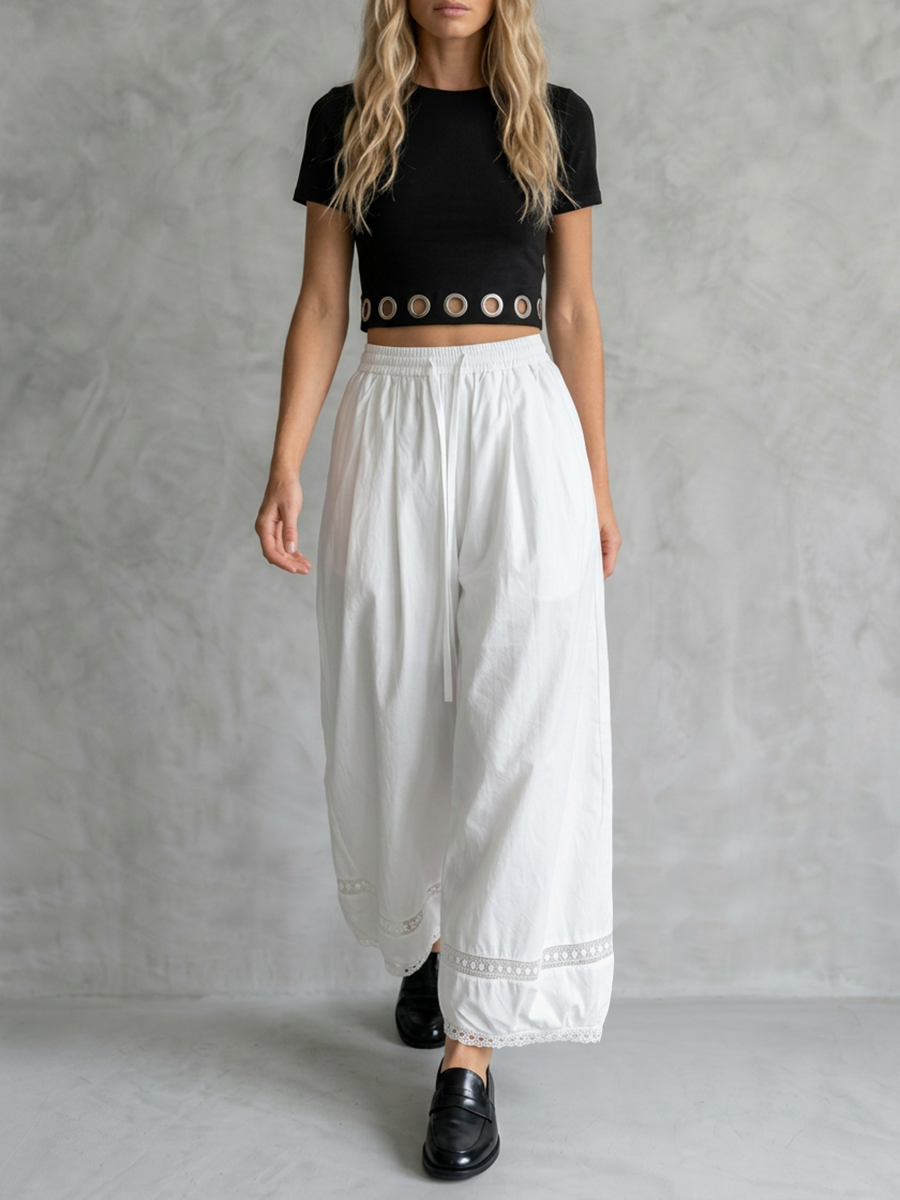 Wide-Leg High-Waist Drawstring Pocket Pants