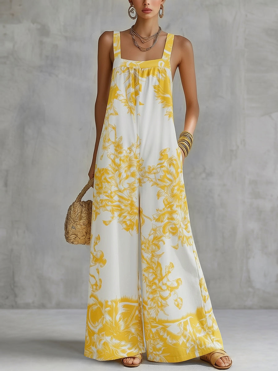 Floral Wide-Leg Pleated Pocket Jumpsuit
