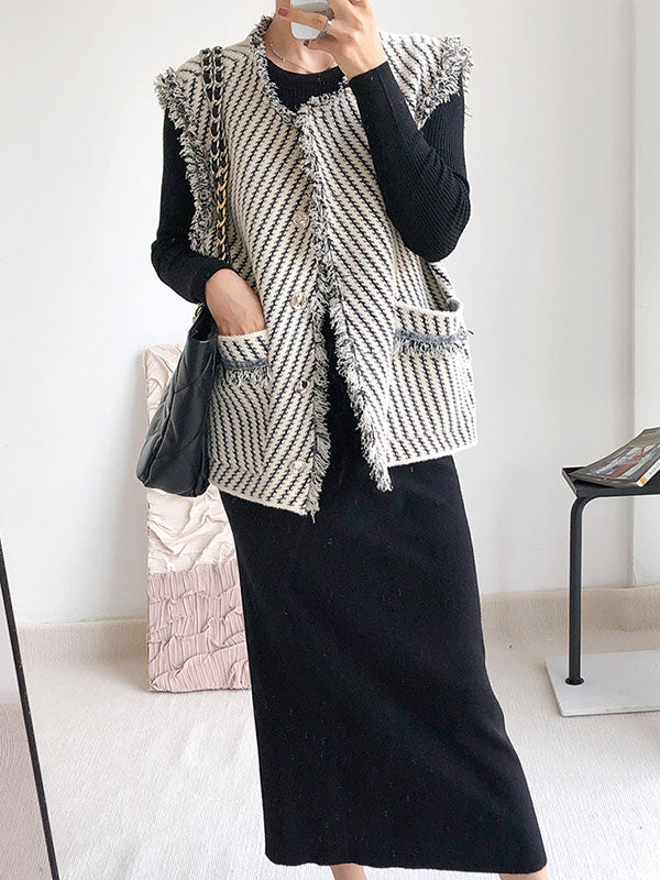 Striped V-Neck Fringe Button-Detail Vest