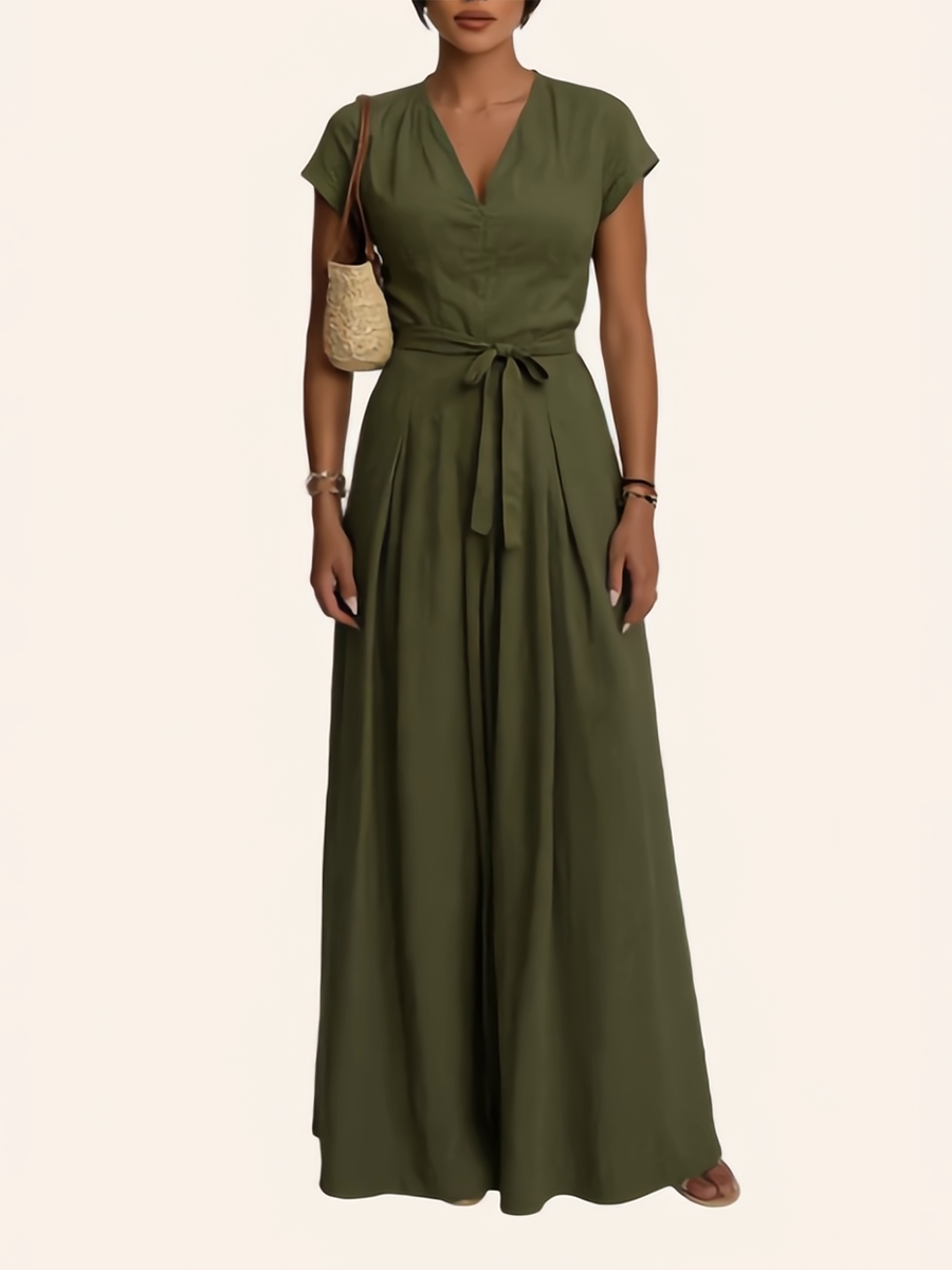 High-Waist V-Neck Pleated Pocket Jumpsuit