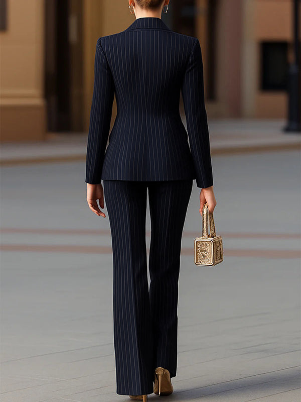 Striped Notch-Collar Button-Detail Pocket Blazer