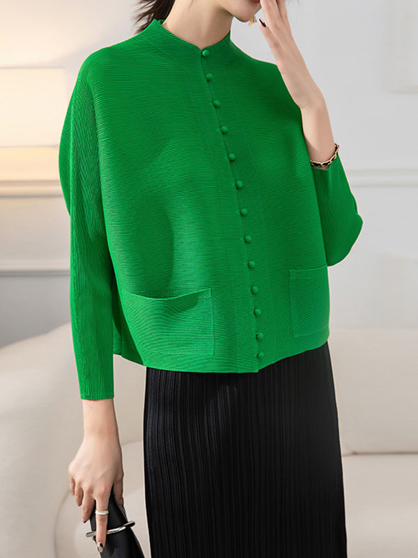 Round-Neck Pleated Button-Detail Pocket Jacket